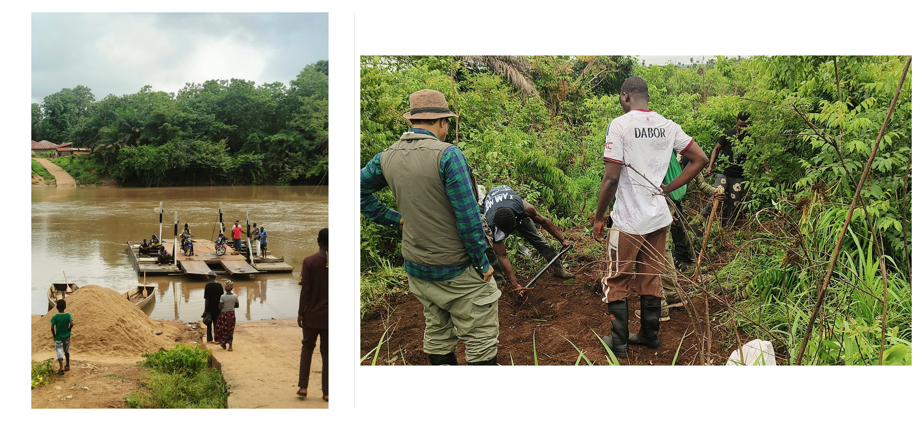 A river crossing and a field team conducting ground reconnaissance in dense vegetation.